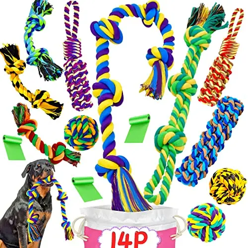 SHARLOVY 14 pack large cotton rope dog toys in various knots