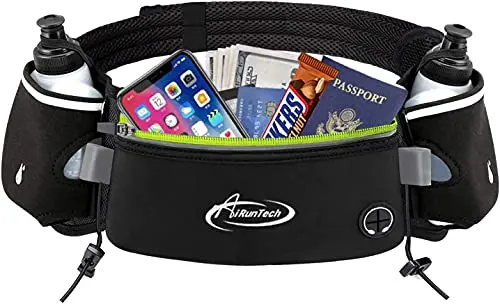 AiRunTech black running belt with two green-capped water bottles attached to the sides