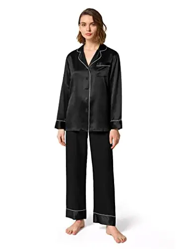 LilySilk women's silk pajama set with rhinestone trim on collar and pocket