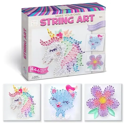 Hapinest string art craft kit showing unicorn, cat, and flower designs