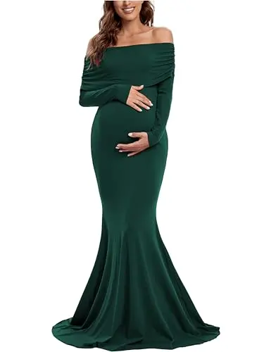 Glampunch long sleeve ruched maternity gown with cowl neck