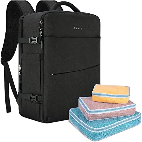 40L travel backpack with three included mesh packing cubes laid out beside it