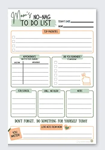 Mom's No-Nag To-Do List pad with a colorful design, featuring tear-off sheets on a kitchen counter.