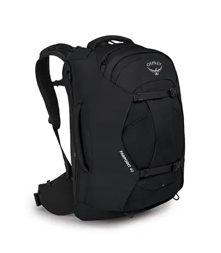 Osprey Farpoint 40L Black Men's Travel Backpack open to show clamshell design