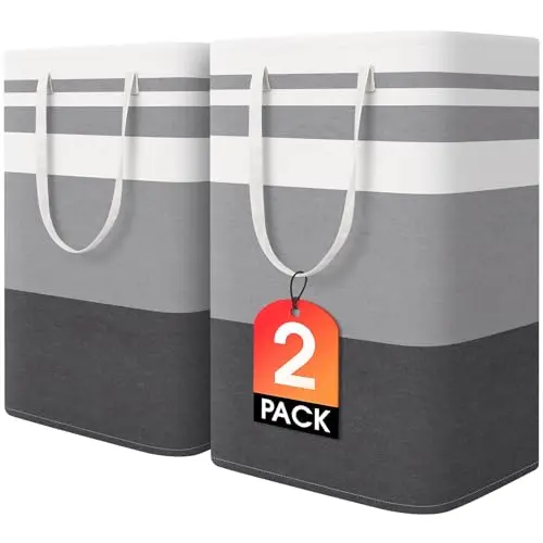 Two grey HomeHacks laundry hampers with waterproof lining standing side by side.
