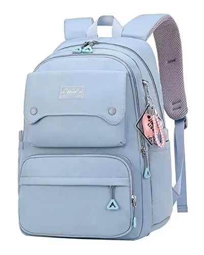 JiaYou blue casual backpack for teen girls, highlighting S-shaped straps and laptop compartment