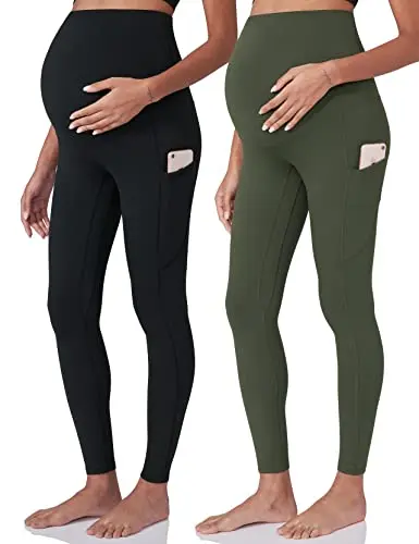 POSHDIVAH black maternity leggings with side pockets, shown on a model with a pregnant belly
