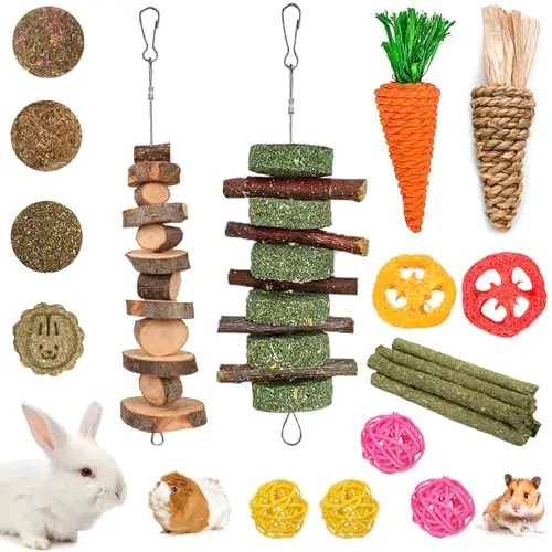 GRDDAEF 20-piece set of natural rabbit chew toys with apple wood and grass