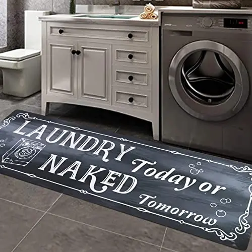 Black laundry room runner rug with washing machine graphic and text