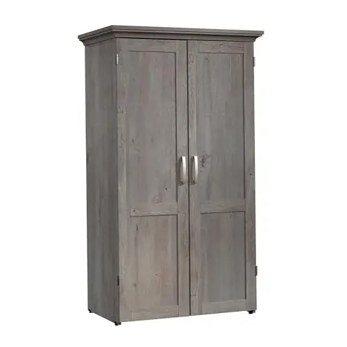 Sauder Mystic Oak craft armoire with doors, shelves, and drop-leaf desk