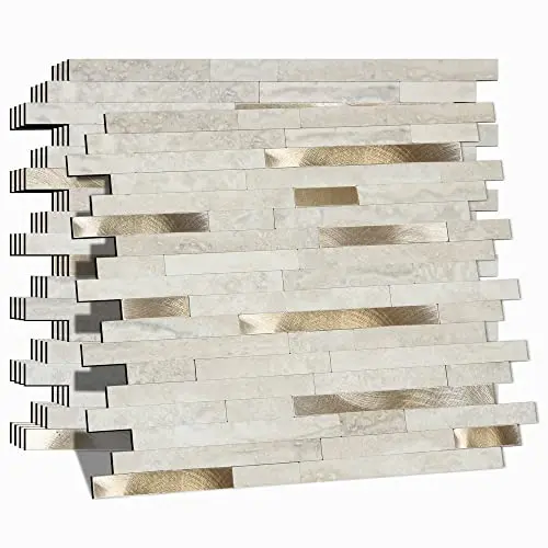Beige marble subway tile peel and stick backsplash with brushed metal gold accents