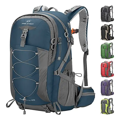 Maelstrom 40L blue hiking backpack with rain cover and multiple pockets
