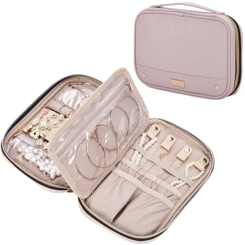NISHEL pink travel jewelry organizer case with clear PVC pockets