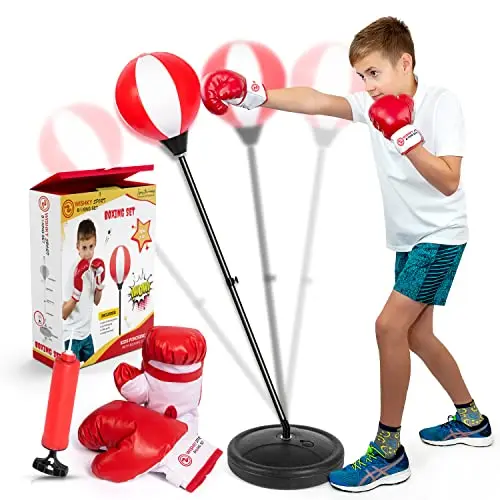 WISHKY SPORT red and white kids punching bag set with adjustable stand
