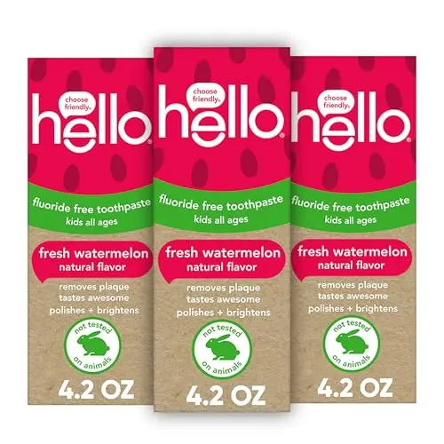 Three-pack of Hello brand watermelon flavored, fluoride-free kids toothpaste