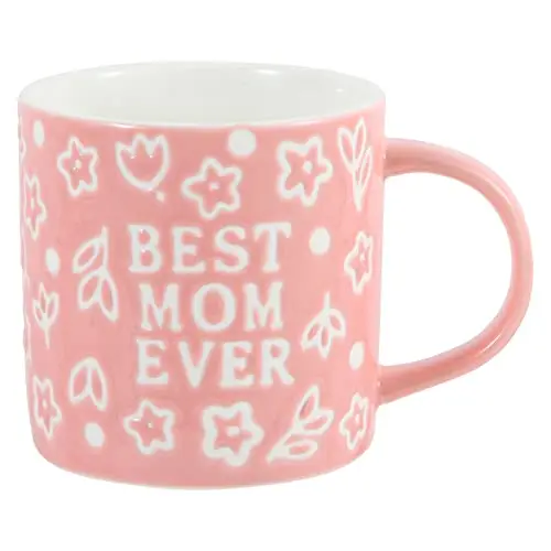 Tergi white ceramic mug with an embossed floral pattern and 'Best Mom Ever' text