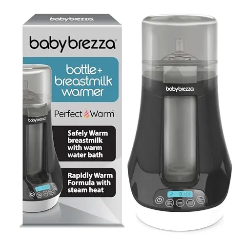 Baby Brezza Fast Bottle Warmer with digital display next to a Comotomo bottle