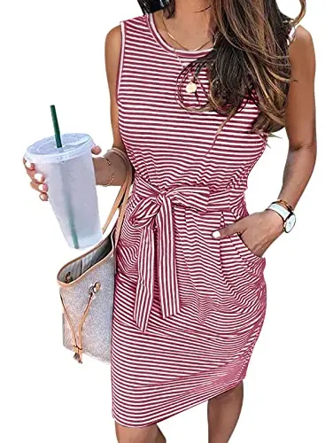 MEROKEETY women's sleeveless striped T-shirt mini dress with tie waist