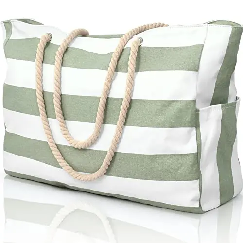Becokan Large Waterproof Beach Tote Bag with blue and white stripes