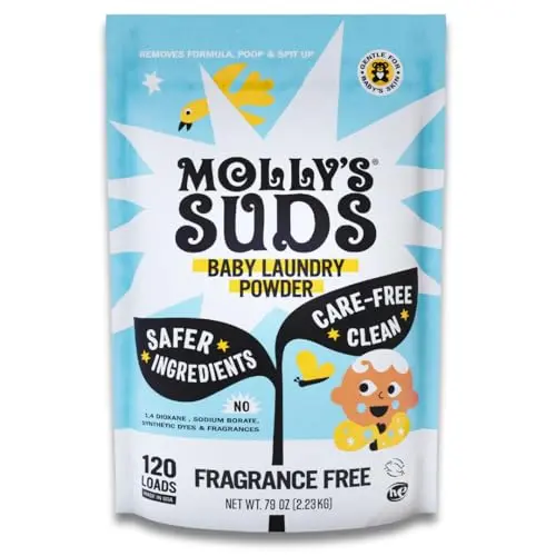 Molly's Suds Baby Laundry Detergent Powder in a bag with measuring scoop