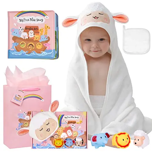 My First Noah's Ark baptism gift set for baby girls, including a hooded towel, washcloth, bath book, and floating toys.