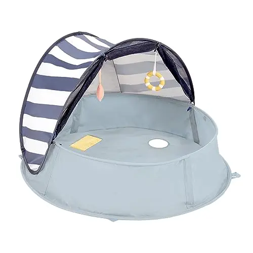 Blue Babymoov Aquani 3-in-1 tent shown both as a shaded tent and as a small paddling pool.