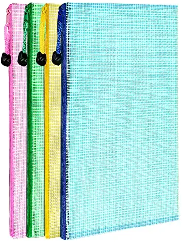LEOBRO 4-pack of large, colorful mesh zipper pouches in pink, blue, yellow, and green