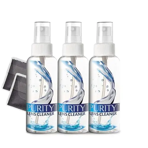 Purity lens cleaner kit with three small spray bottles and cloths