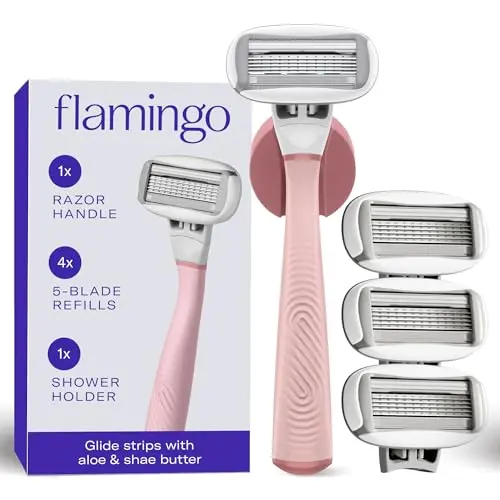 Flamingo Original Shaving Razor Set for women with handle, 4 blade refills, and shower holder in rose