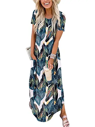 ANRABESS short sleeve leaf print maxi dress for vacation travel