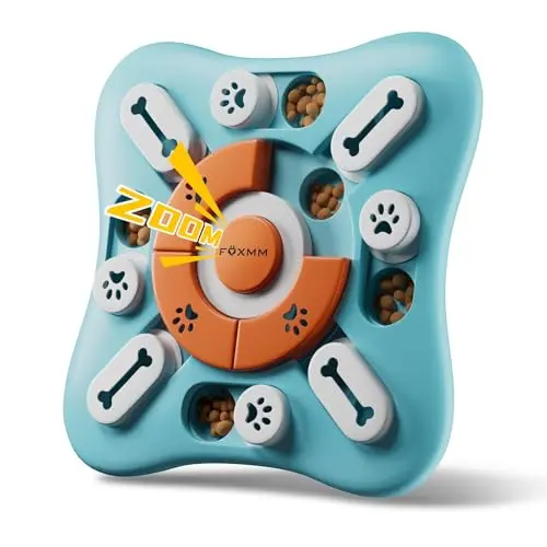 FOXMM blue interactive dog puzzle toy with sliding compartments and a central squeaker.