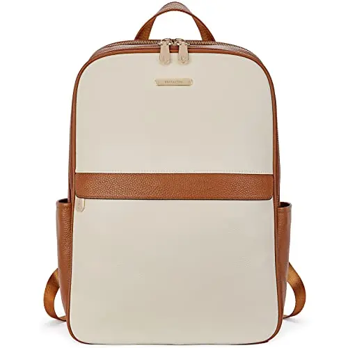 Bostanten genuine leather laptop backpack in beige-brown with smooth zippers and multiple compartments
