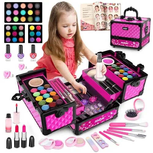 Hollyhi 59-piece Kids Makeup Kit with tutorial booklet and storage