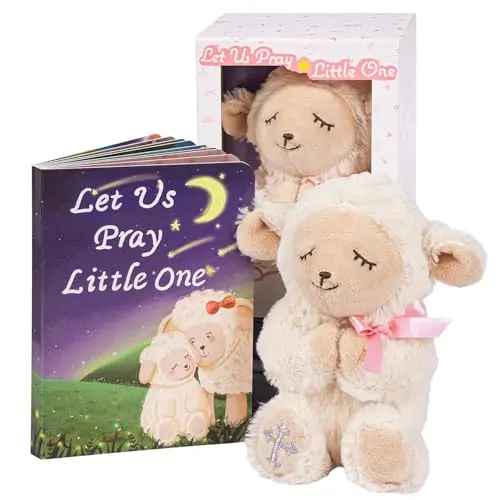 MyMateZoe baptism gift set featuring a soft white praying lamb plush toy and a 'Let Us Pray' baby board book.