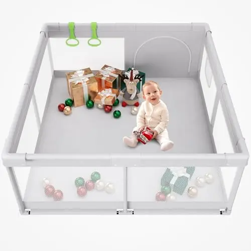 Fodoss compact light grey baby playpen with mesh sides