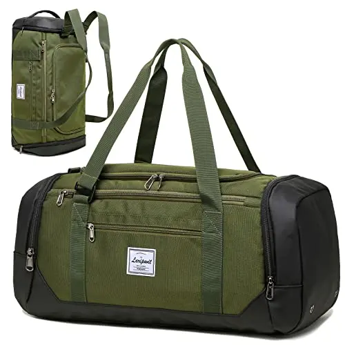 Laripwit Green 40L Duffle Bag converted into a backpack being carried