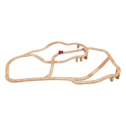 65-piece wooden train set with tracks, a train, and bridge connectors on a floor