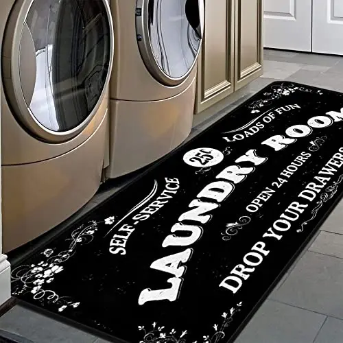 Black long laundry area rug with printed text