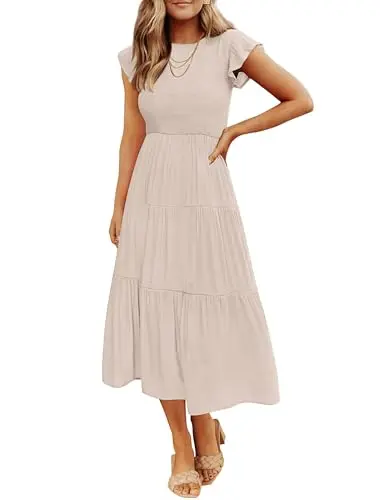 ZESICA women's apricot tiered midi dress with flutter short sleeves