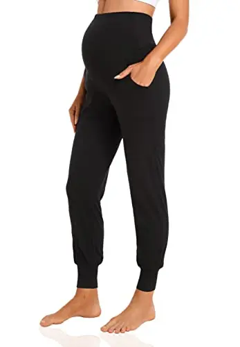 V VOCNI black maternity jogger pants with elastic cuffs and over-the-belly waistband