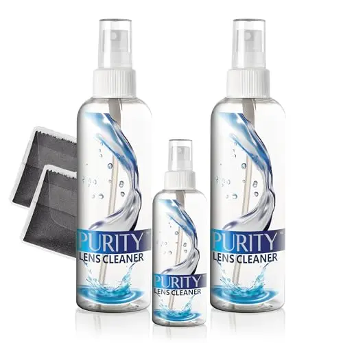 Purity Lens Cleaner kit with multiple spray bottles and cloths