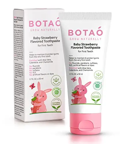 BOTAO brand EWG Verified, fluoride-free baby toothpaste with strawberry flavor and aloe vera