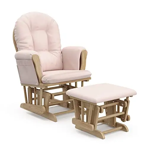 Storkcraft natural and pink wooden nursery glider chair with ottoman