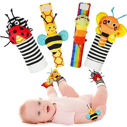 Infinno baby wrist rattles and foot finder socks in bright garden bug patterns
