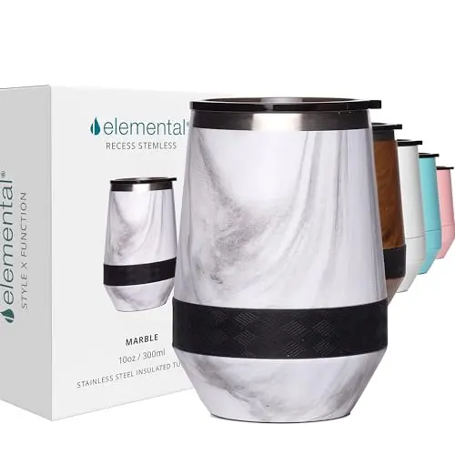 Elemental Recess Wine Tumbler in White Marble design with a sip lid