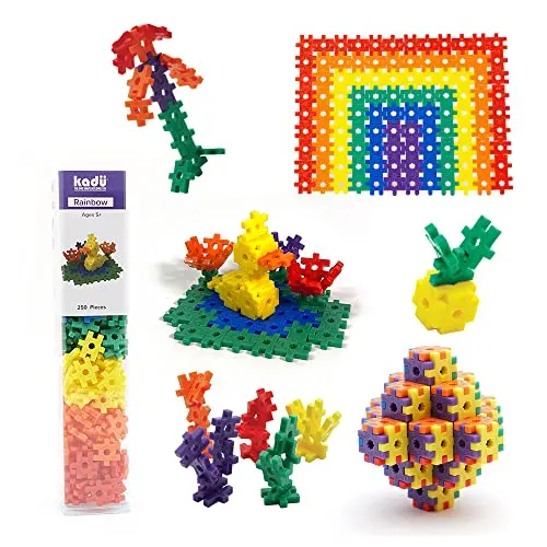 KADU Rainbow 250 piece set of small, interconnectable plastic building tiles in a reusable container.