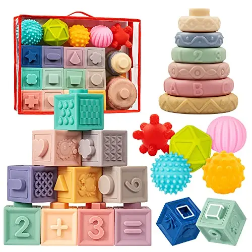 Jyusmile set of soft baby stacking blocks, rings, and sensory balls