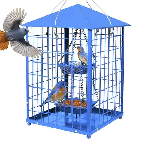 Mosloly large blue square caged squirrel-proof bird feeder with two cups