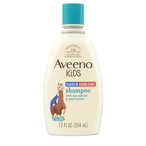 Aveeno Kids Curly & Coily Hair Shampoo bottle with oat extract highlight