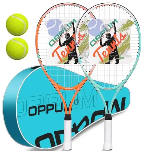 Set of two OPPUM tennis rackets in a case with balls, in vibrant colors
